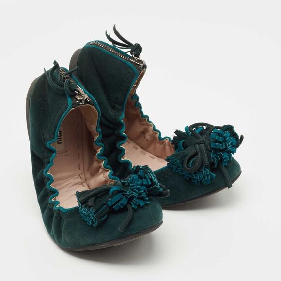 Miu Miu Dark Green Suede Fringe Bow Scrunch Ballet Flats Size 38